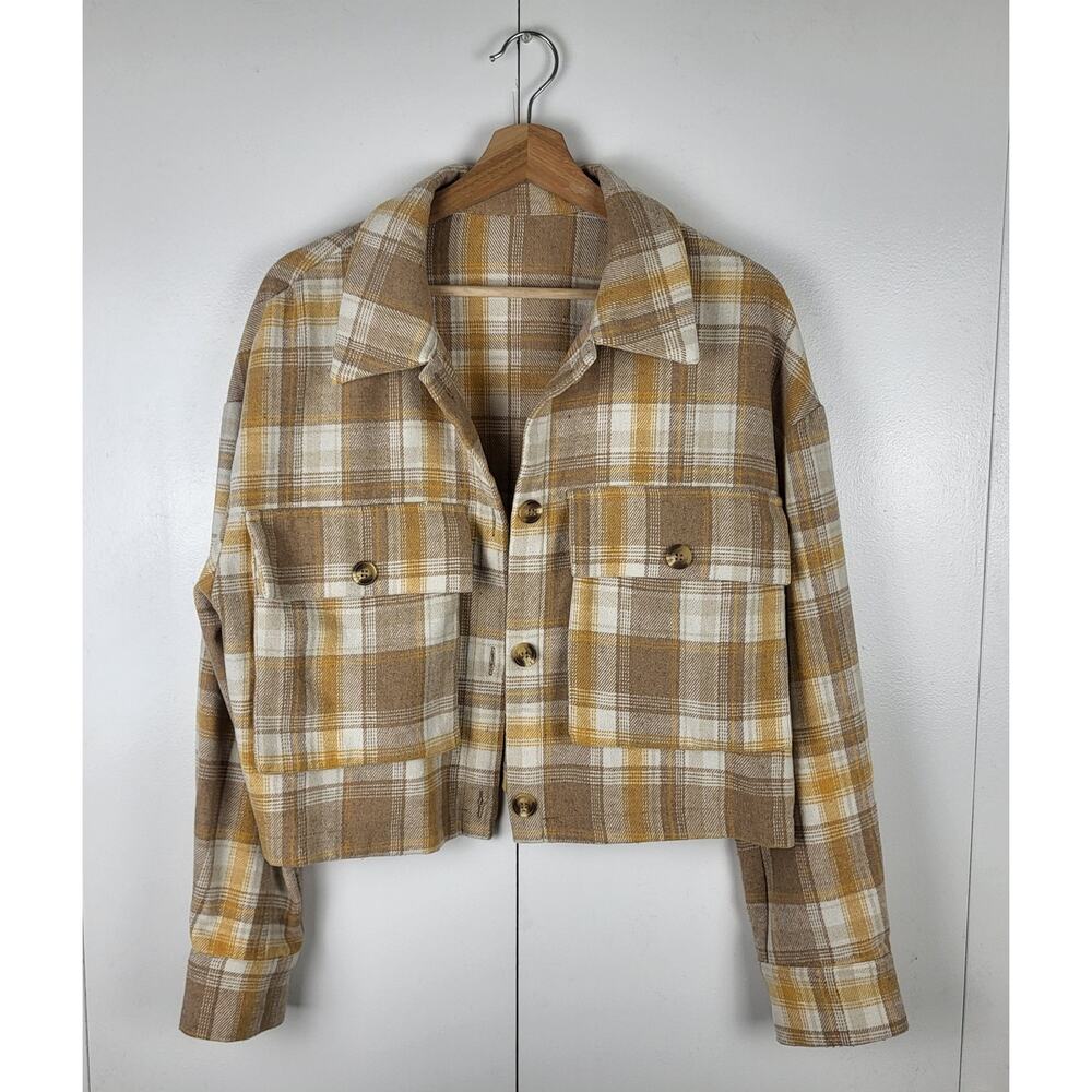 Plaid Cropped Shirt Jacket Brown Tan Button Front Shacket Fall Layering